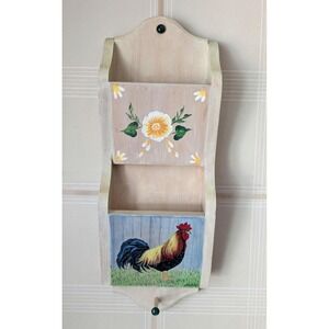 Vintage Hand Painted Rooster Wall Organizer,‎ Farmhouse Wooden Wall Pocket